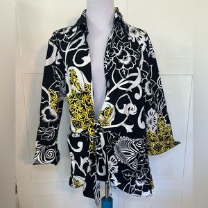 3 Sisters Black & White Floral Bold Print Wrap Jacket with Yellow Accents XL